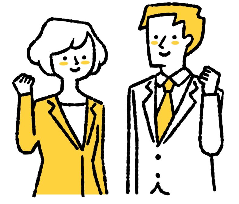 ガッツポーズをとってほほ笑む男性と女性のビジネスマン